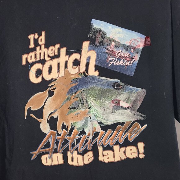 Vintage 2002 " I'd Rather Catch Attitude On the Lake" XL Black T-Shirt Y2K - Picture 2 of 6